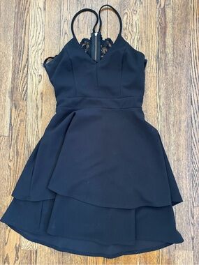 B Darlin Black Lace-Trim Tiered Mini Dress